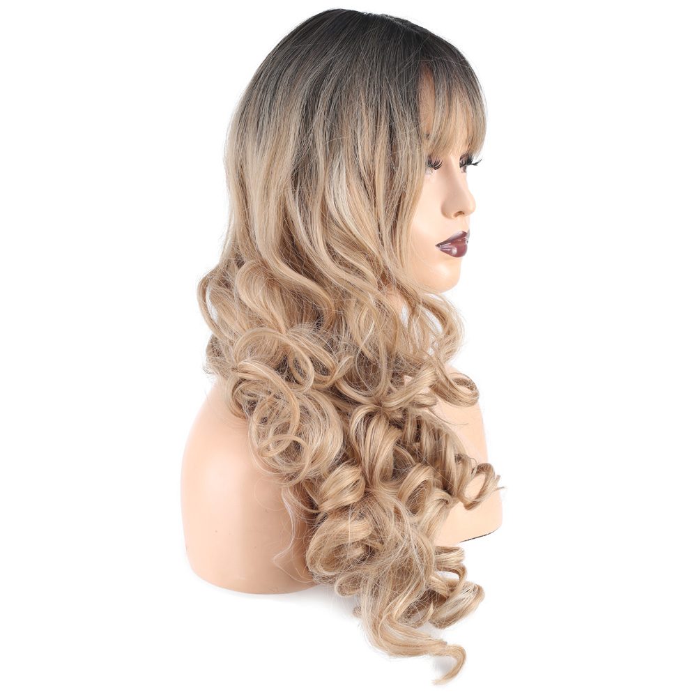 Long Kanekalon Fiber Synthetic Wig with Wavy Custom Bangs / Black / Pumpkin Ombré