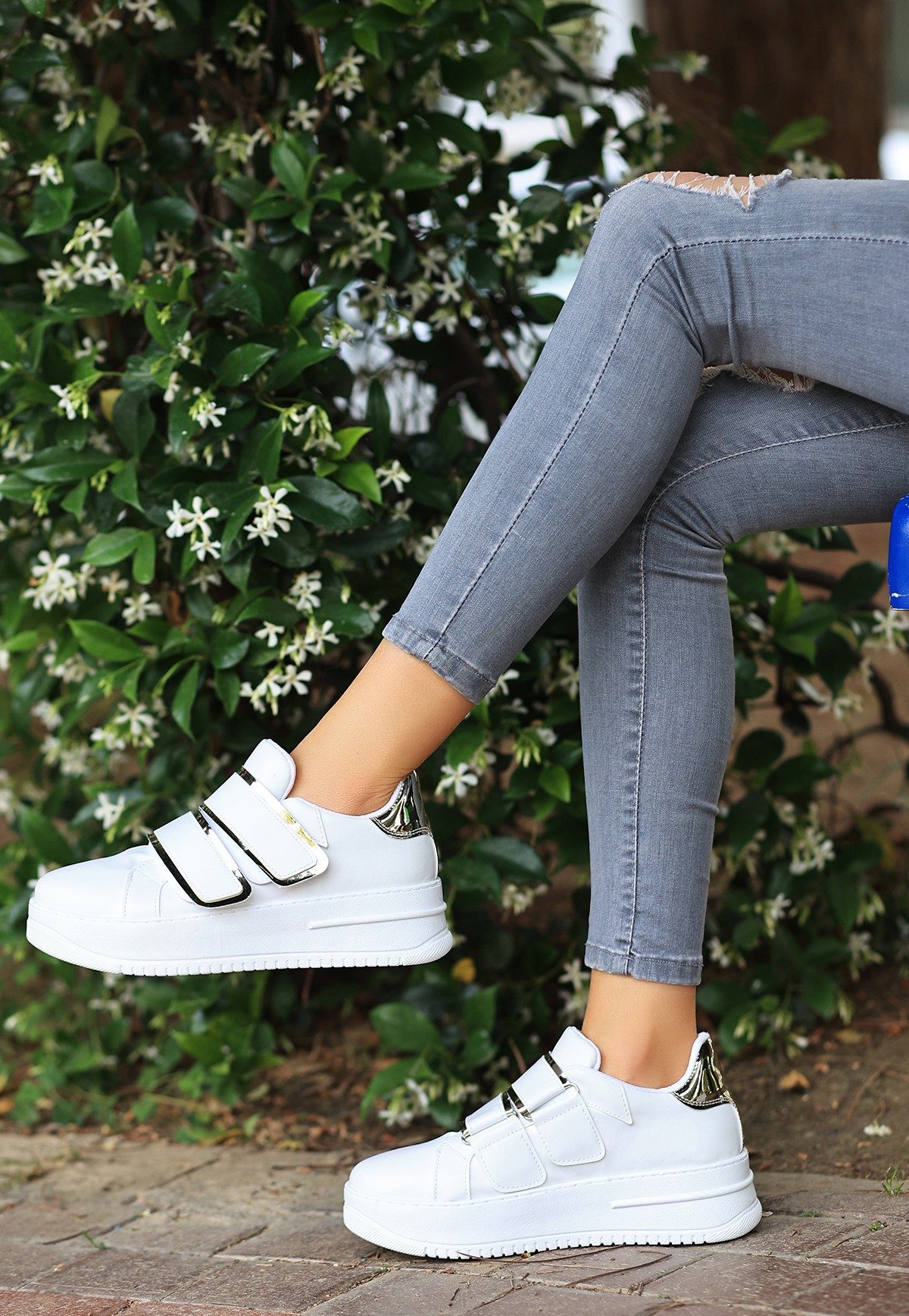 White Leather Sneakers with Silver Detail