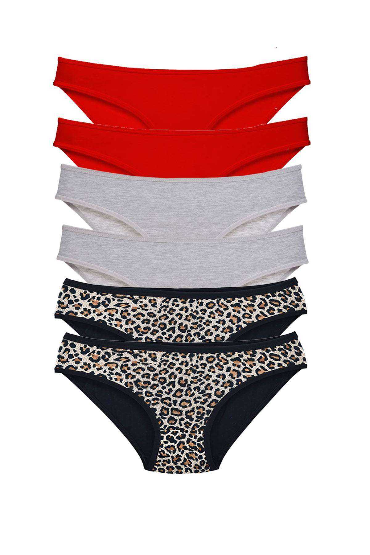 6 Pcs Lycra Women Slip Panties Leopard Red Gray