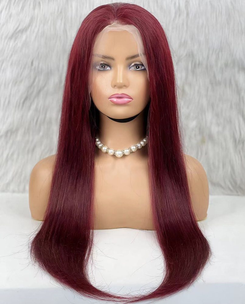 Real Hair Front Lace Tulle Wig / Straight / Dark Red 70/75cm