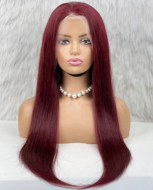 Real Hair Front Lace Tulle Wig / Straight / Dark Red 70/75cm