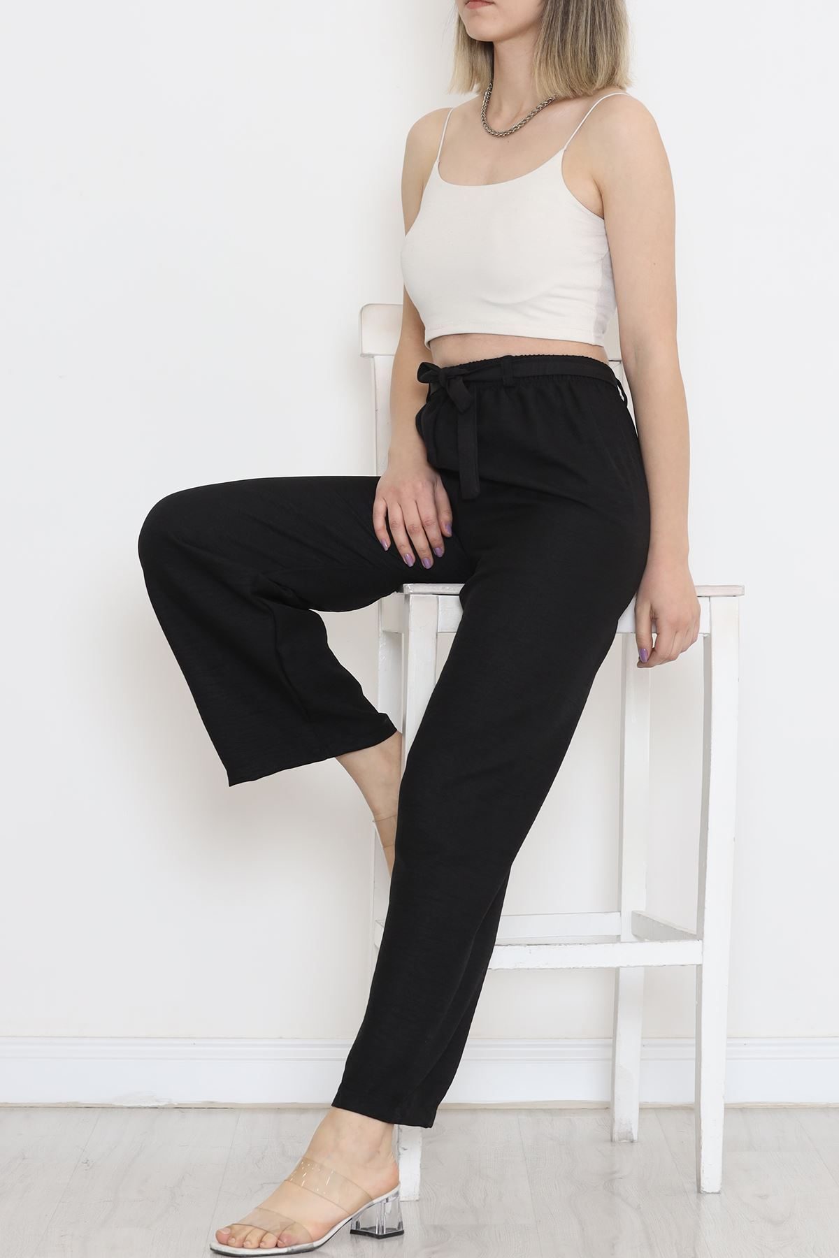 Waist Belted Linen Pants Black