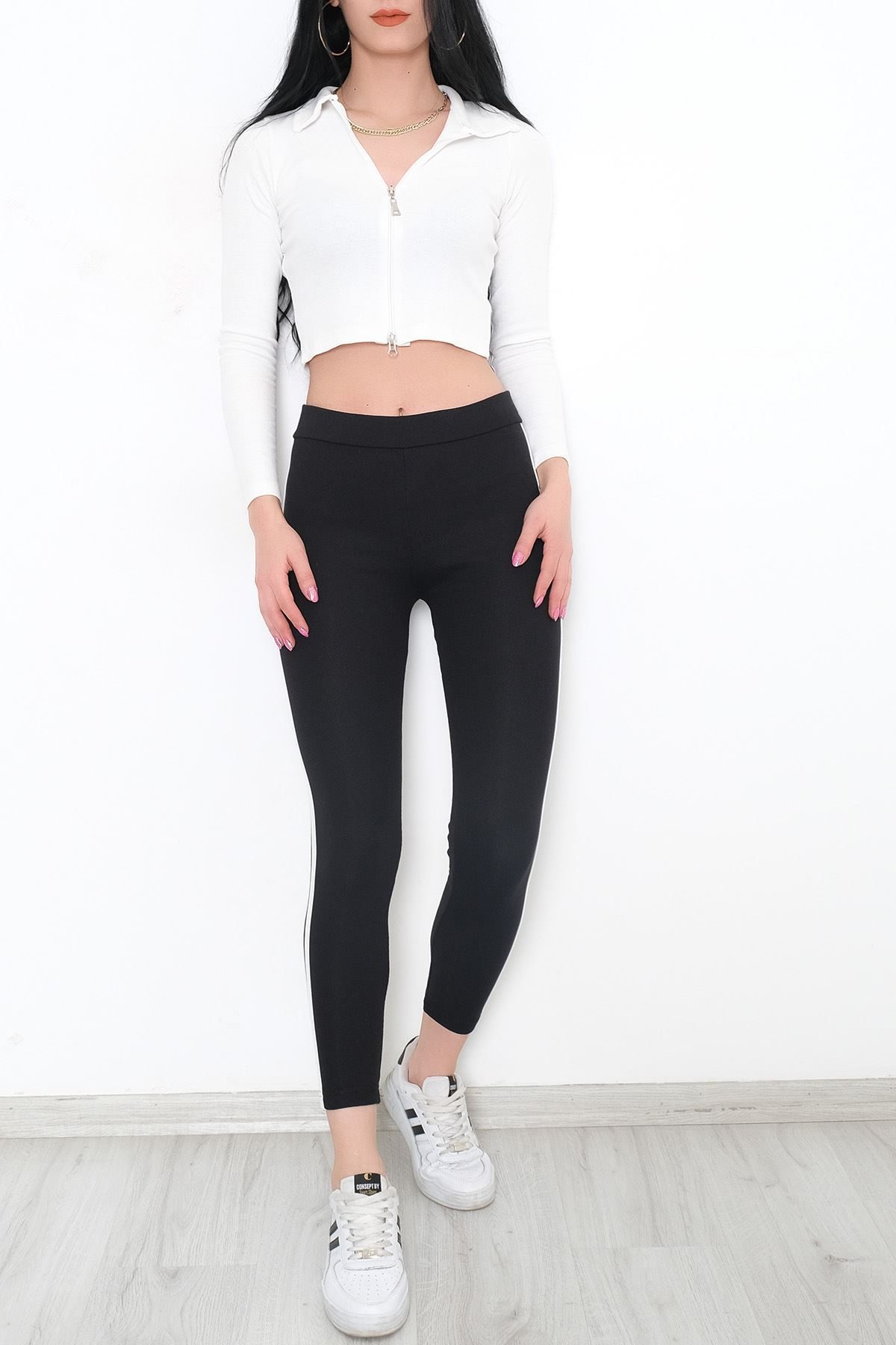 Double Stripe Ribbed Leggings Black and White