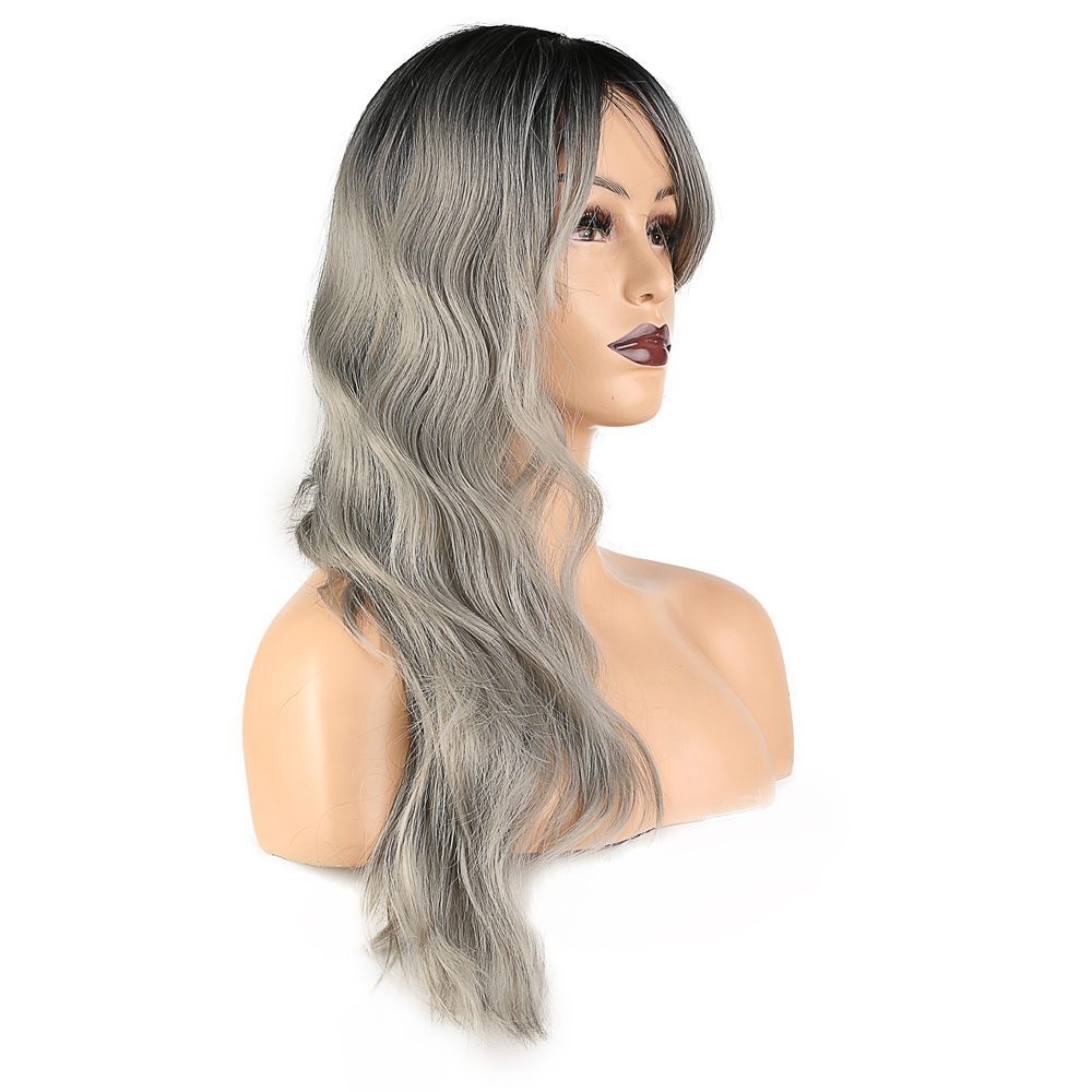 Kanekalon Fiber Synthetic Medium Wig with Wavy Custom Bangs / Black Gray Ombré