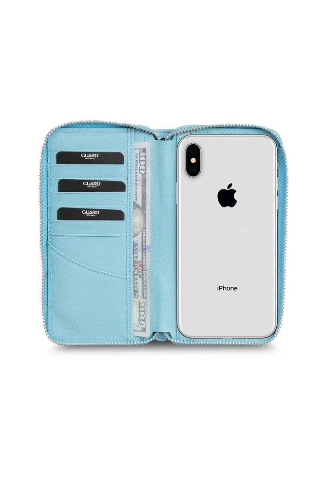 Turquoise Safiano Zippered Portfolio Wallet