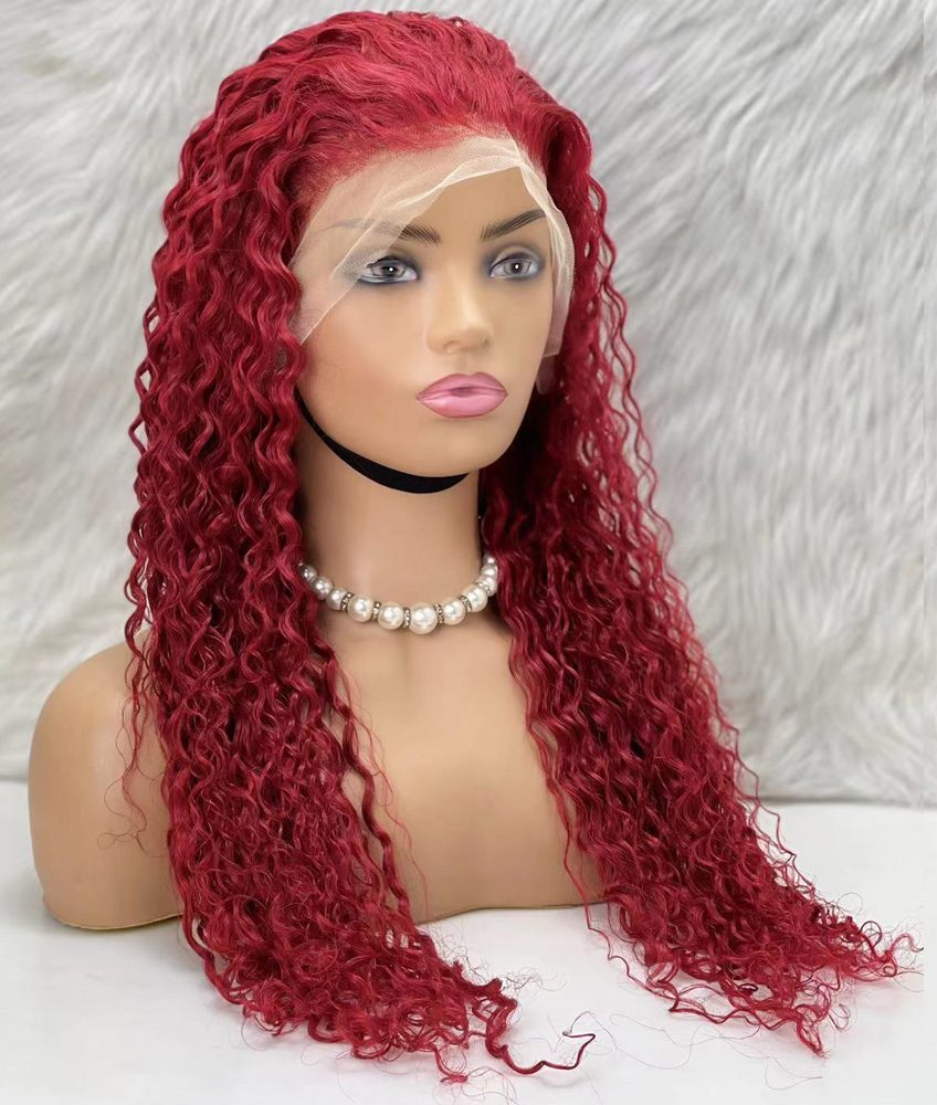 Real Hair Front Lace Tulle Wig / Water Wavy Look / Red 70/75cm