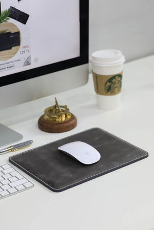 Stitching Detailed Antique Gray Leather Mouse Pad 26 x 20 Cm