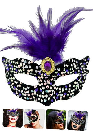 Black Velvet Party Mask with Colorful Sequin Sequins Purple Feather Purple Stone Party Mask 19x21 cm