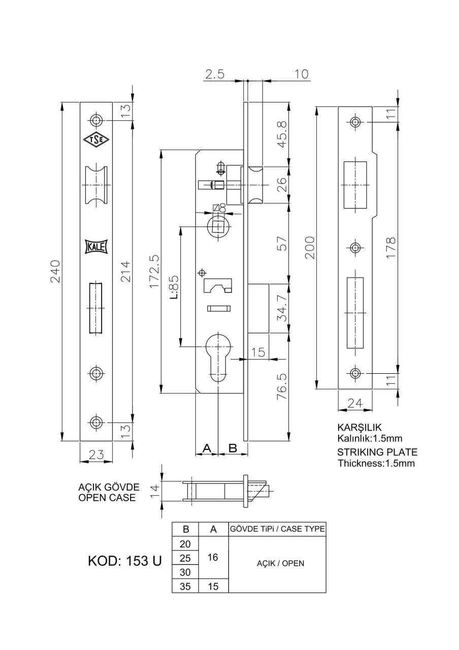 Kale 153 U 25 mm Cylinder Lock with Tongue