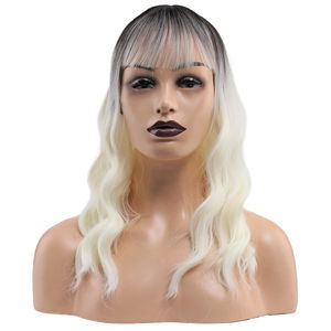 Kanekalon Fiber Synthetic Wig with Wavy Short Custom Bangs / Brown / White Platinum Ombré