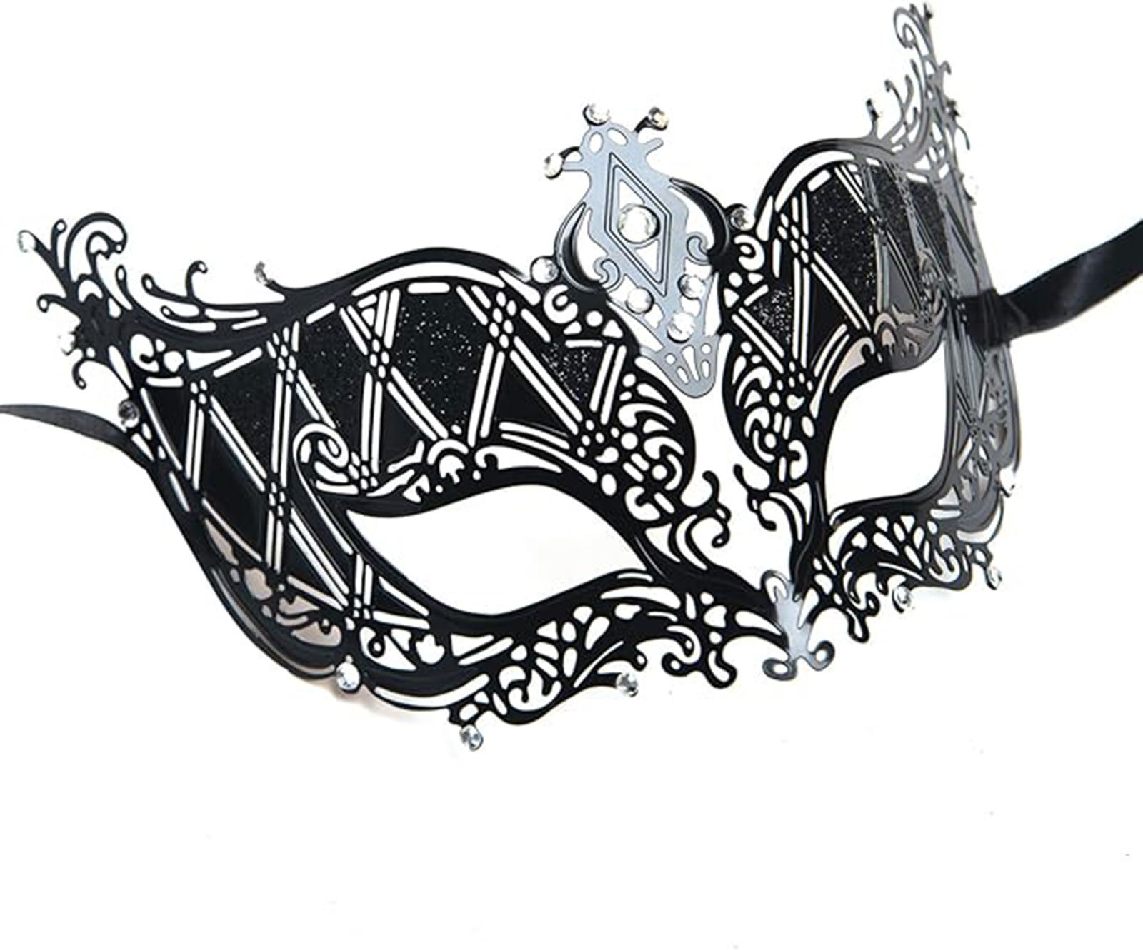 Black Color Laser Cut Metal Luxury Mask Prom Party With Crystal Silver Stones