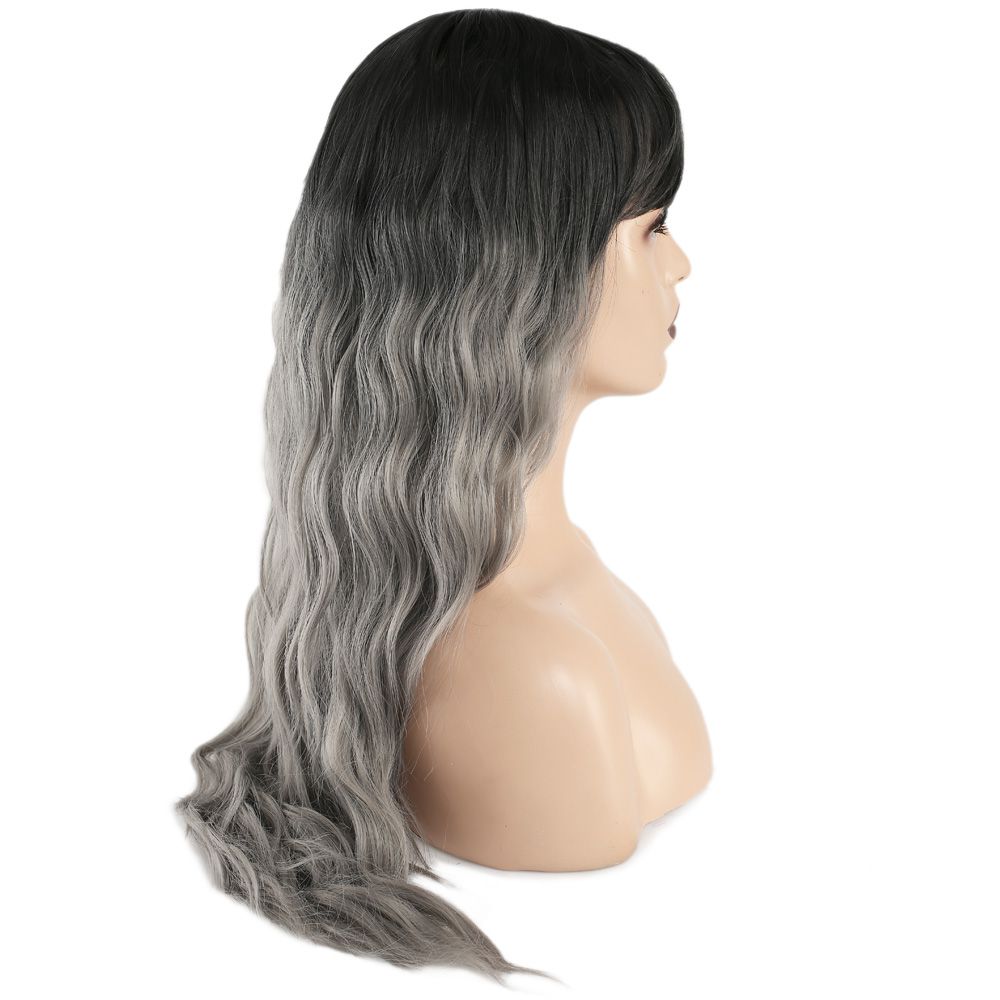 Kanekalon Fiber Synthetic Wig / Black / Gray Ombré with Long Water Wavy Look with Custom Bangs