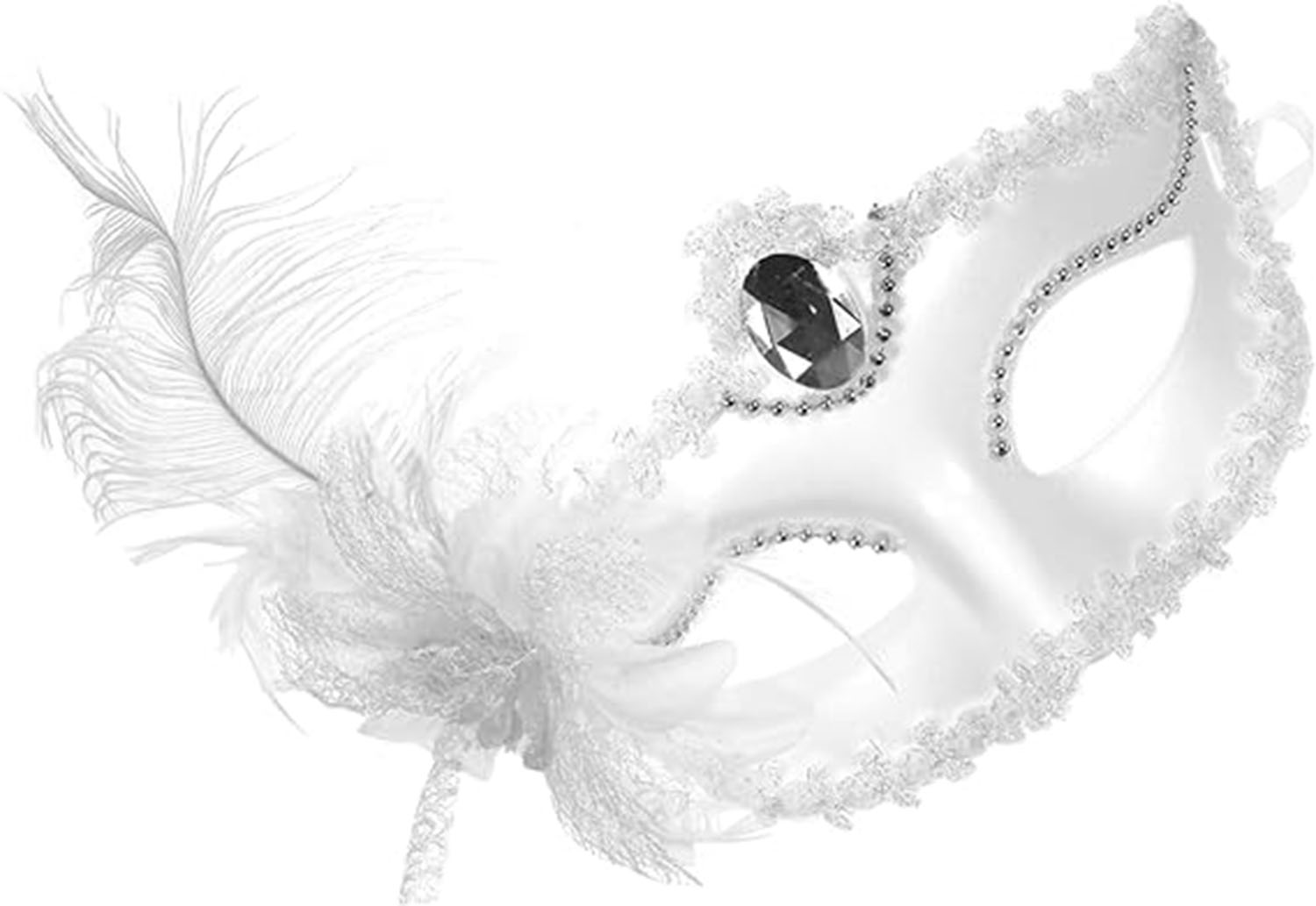 White Matte Color Side Feather Party Prom Venetian Mask with Roses 16x22