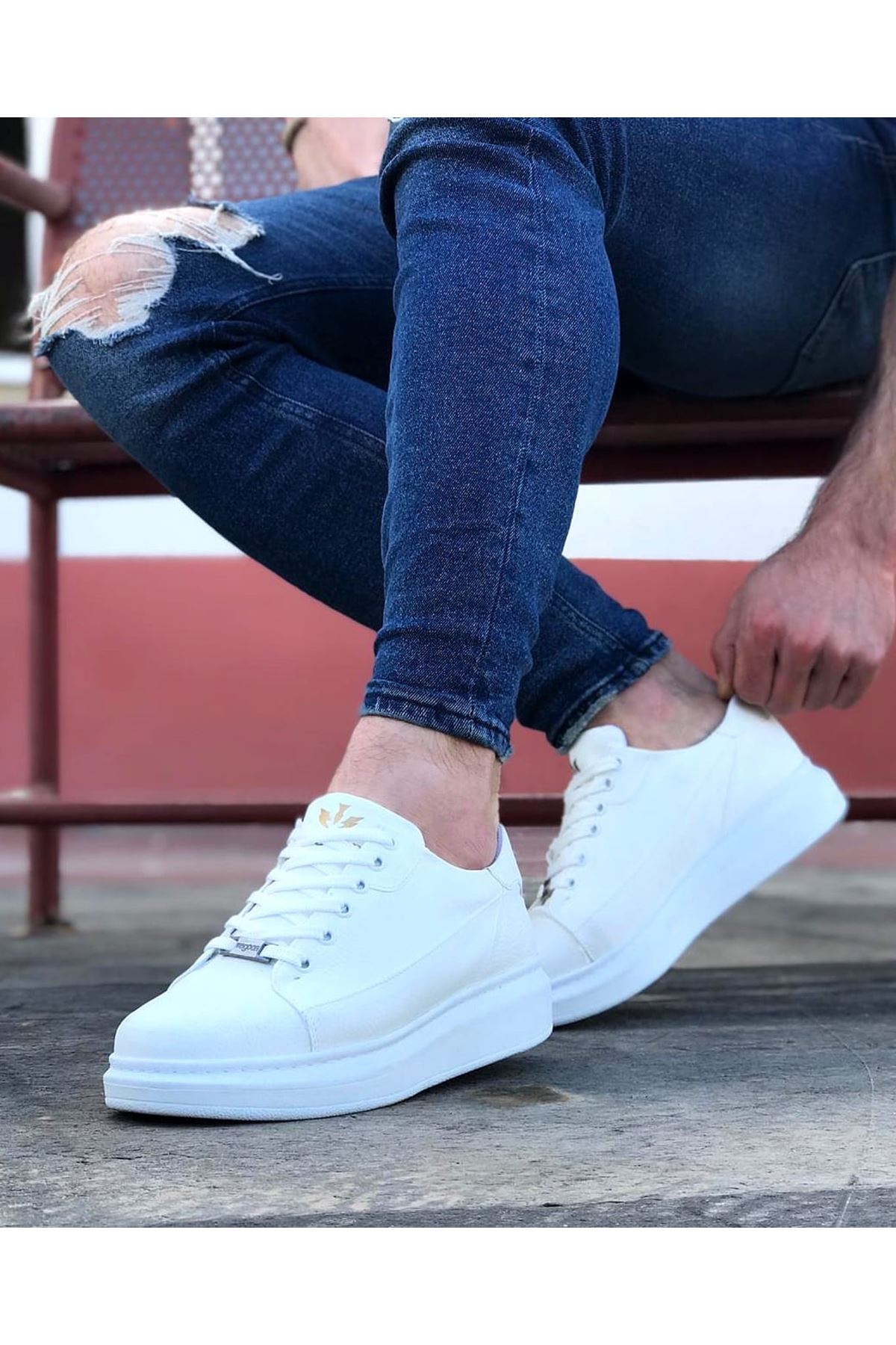 White Lace-up Thick Sole Casual Men's Shoes