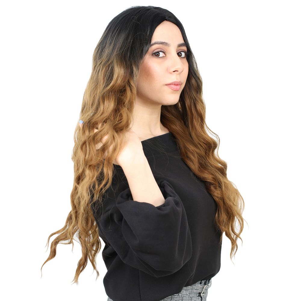 Kanekalon Fiber Synthetic Long Water Wavy Look Wig / Black / Caramel Ombré