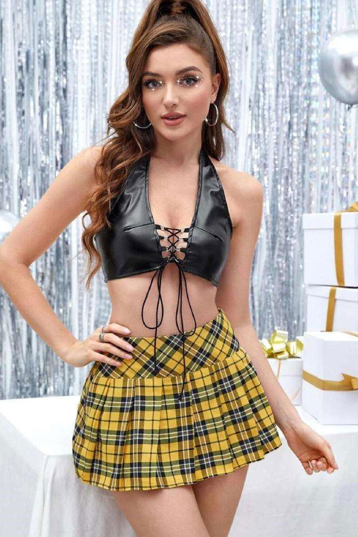 Women's Fancy Costume Harness Erotic Outfit 20034 Yellow Plaid - Turk