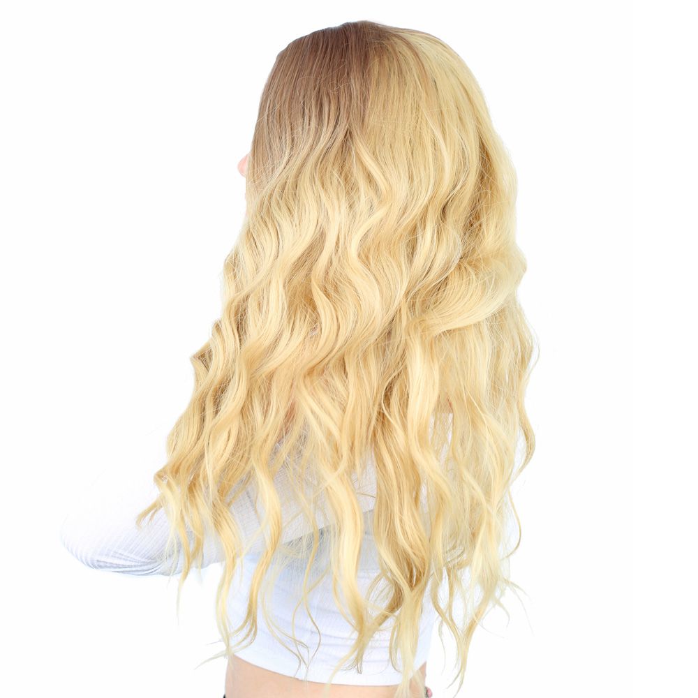 Kanekalon Fiber Synthetic Long Water Wavy Look Wig / Auburn / Yellow Ombré