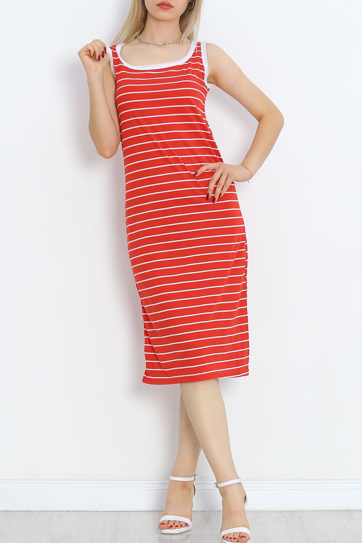 Striped Garnished Suprem Dress Red