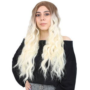 Kanekalon Fiber Synthetic Wig / Auburn / Platinum Ombré with Water Wavy Look and Long Bangs