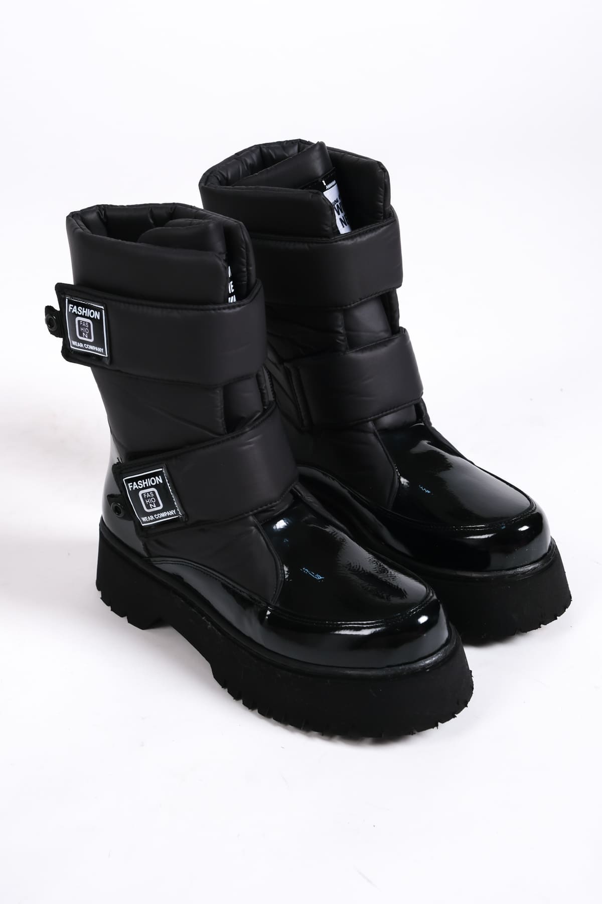 CLZ948 Velcro Waterproof and Cold Resistant Parachute Fabric Patent Leather Women's Boots ST Black