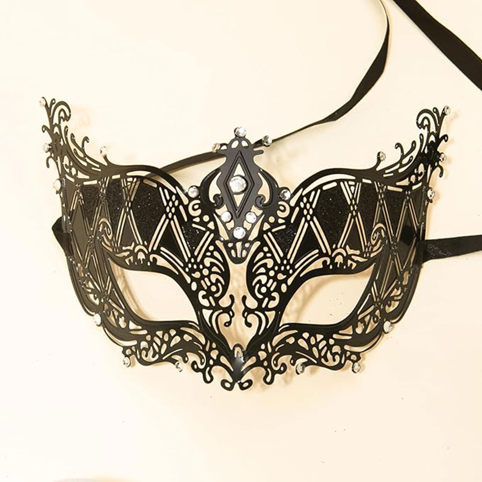 Black Color Laser Cut Metal Luxury Mask Prom Party With Crystal Silver Stones