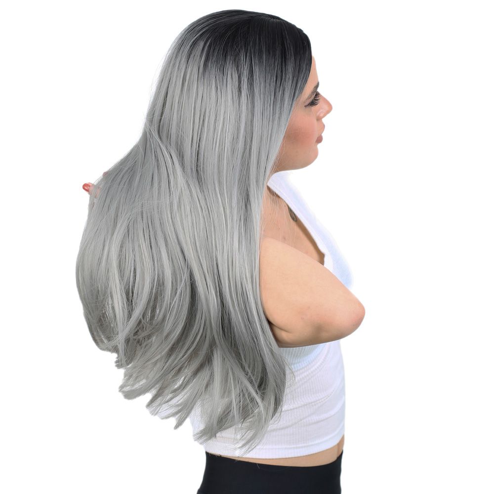 Kanekalon Fiber Synthetic Long Straight Wig / Black / Gray Ombré