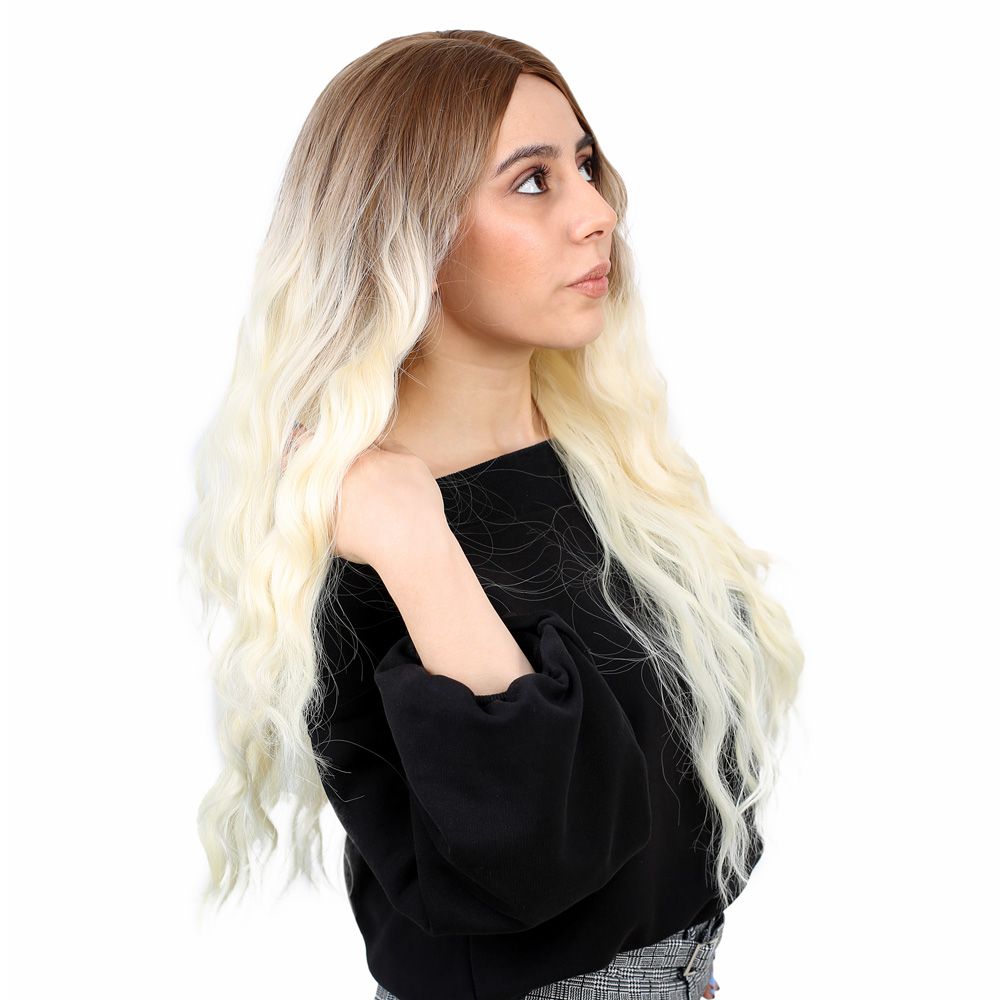 Kanekalon Fiber Synthetic Long Water Wavy Look Wig / Auburn / Platinum Ombré