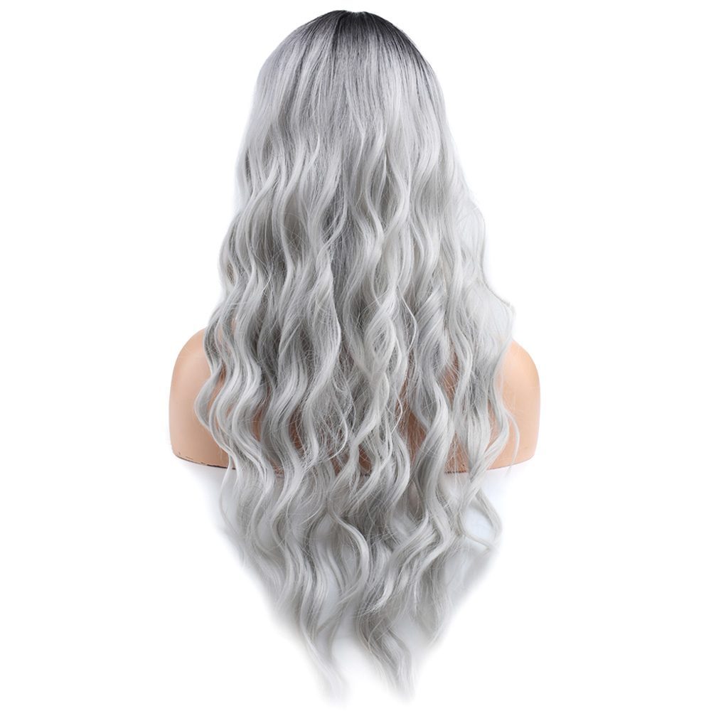 Kanekalon Fiber Synthetic Wig / Black / Light Gray Ombré with Long Water Wavy Look with Custom Bangs