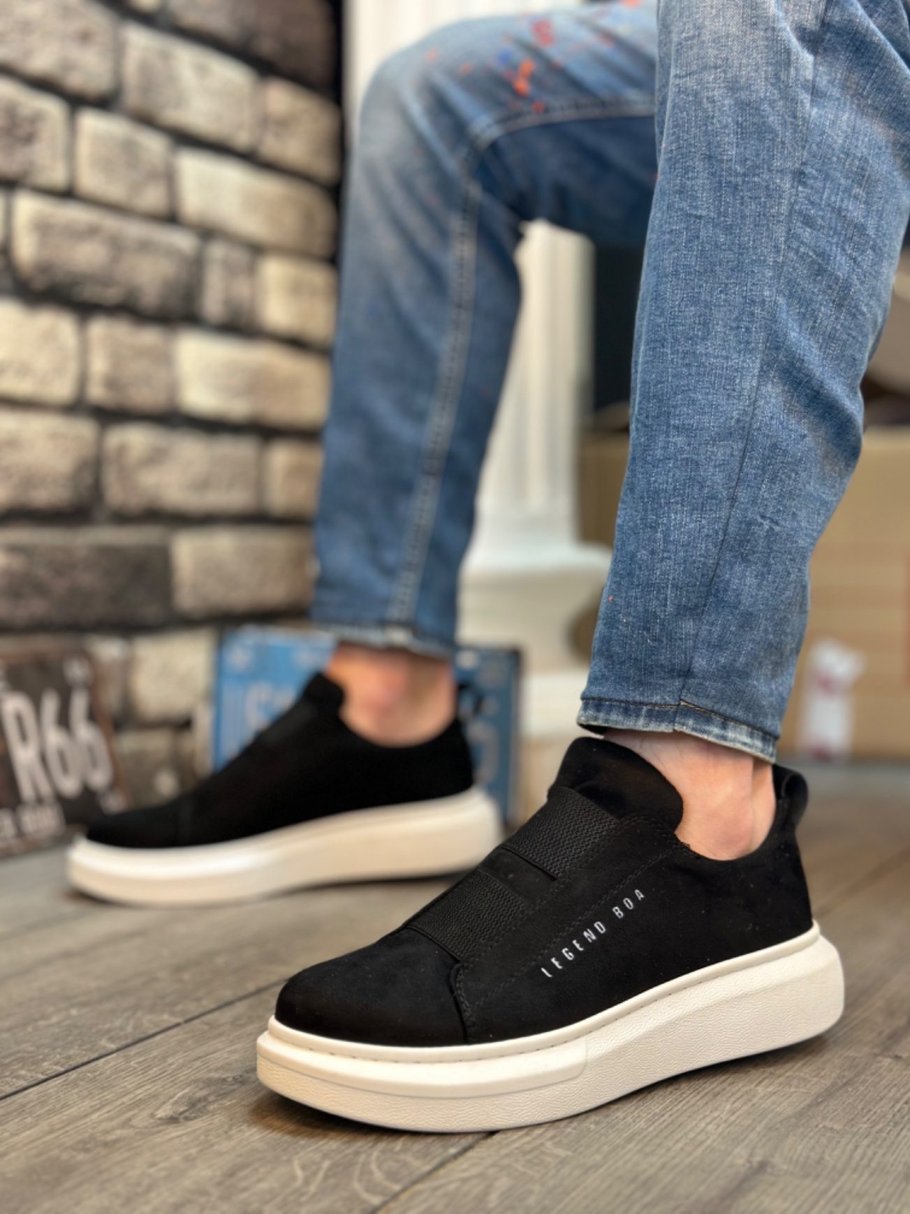 Thick Suede Double Band Black White Sole Men's Shoes