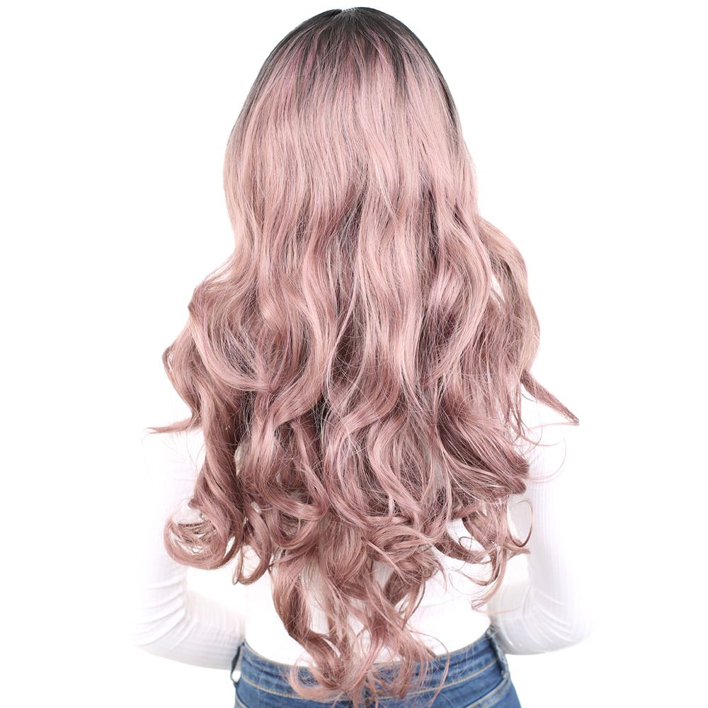 Super Dense Wavy Kanekalon Fiber Synthetic Long Bangs Wig / Black / Rose Dried Ombré