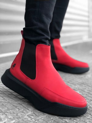 Men's High Sole Red Sport Boots with Unlaced Straps