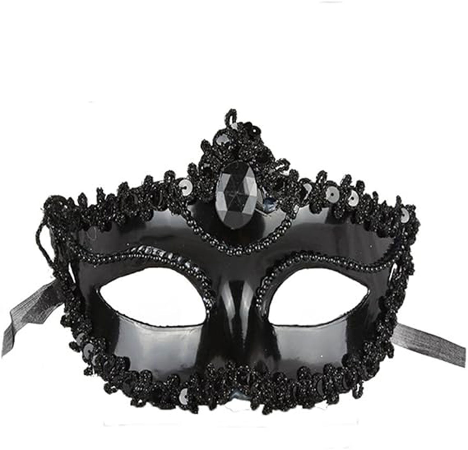 Black Color Matte Party Mask Venetian Prom With Ruched Stone Edges