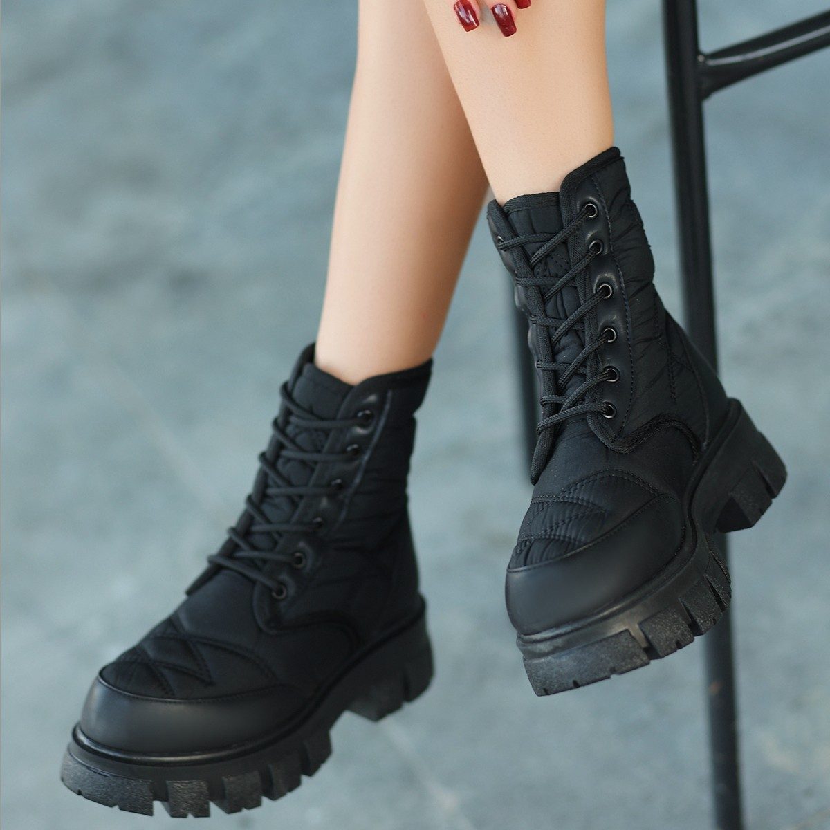 Black Skin Lace-up Boots