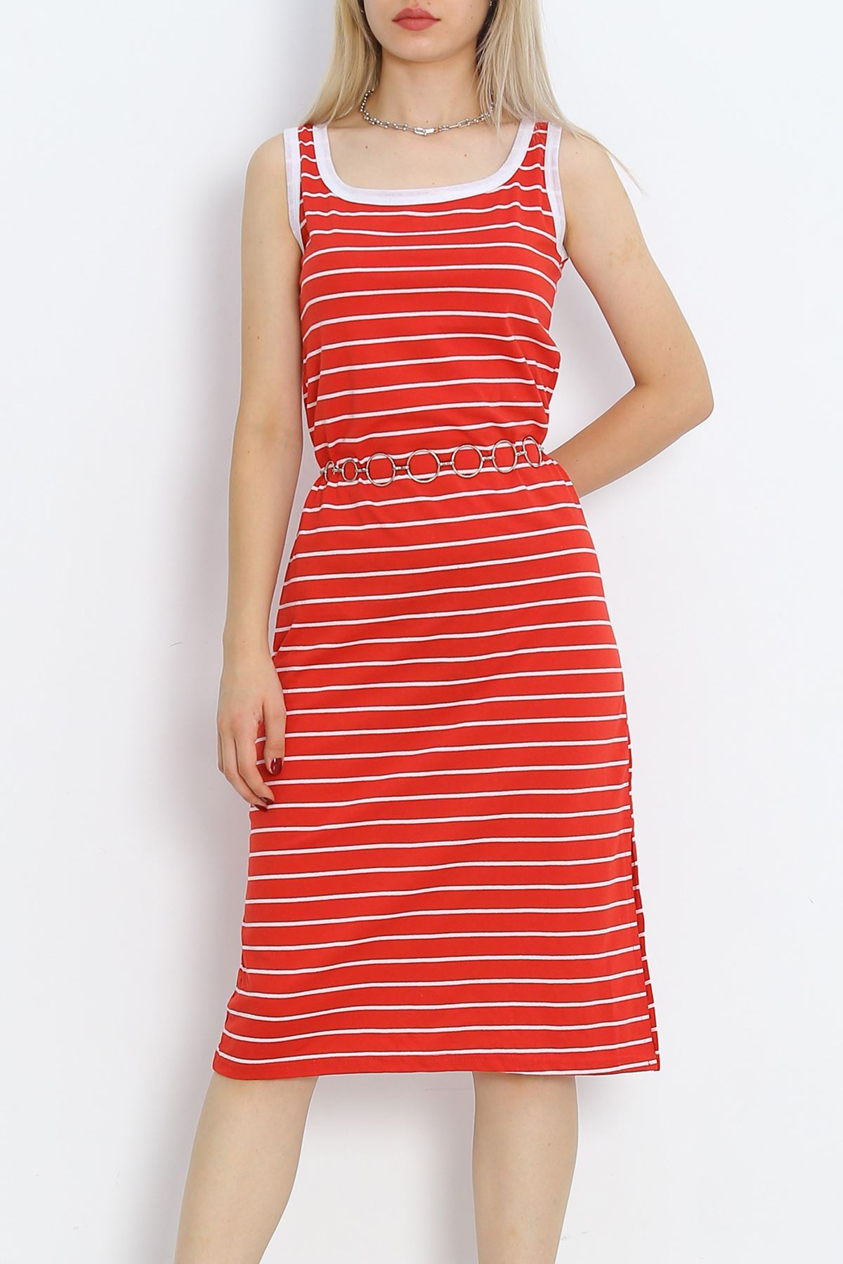 Striped Garnished Suprem Dress Red