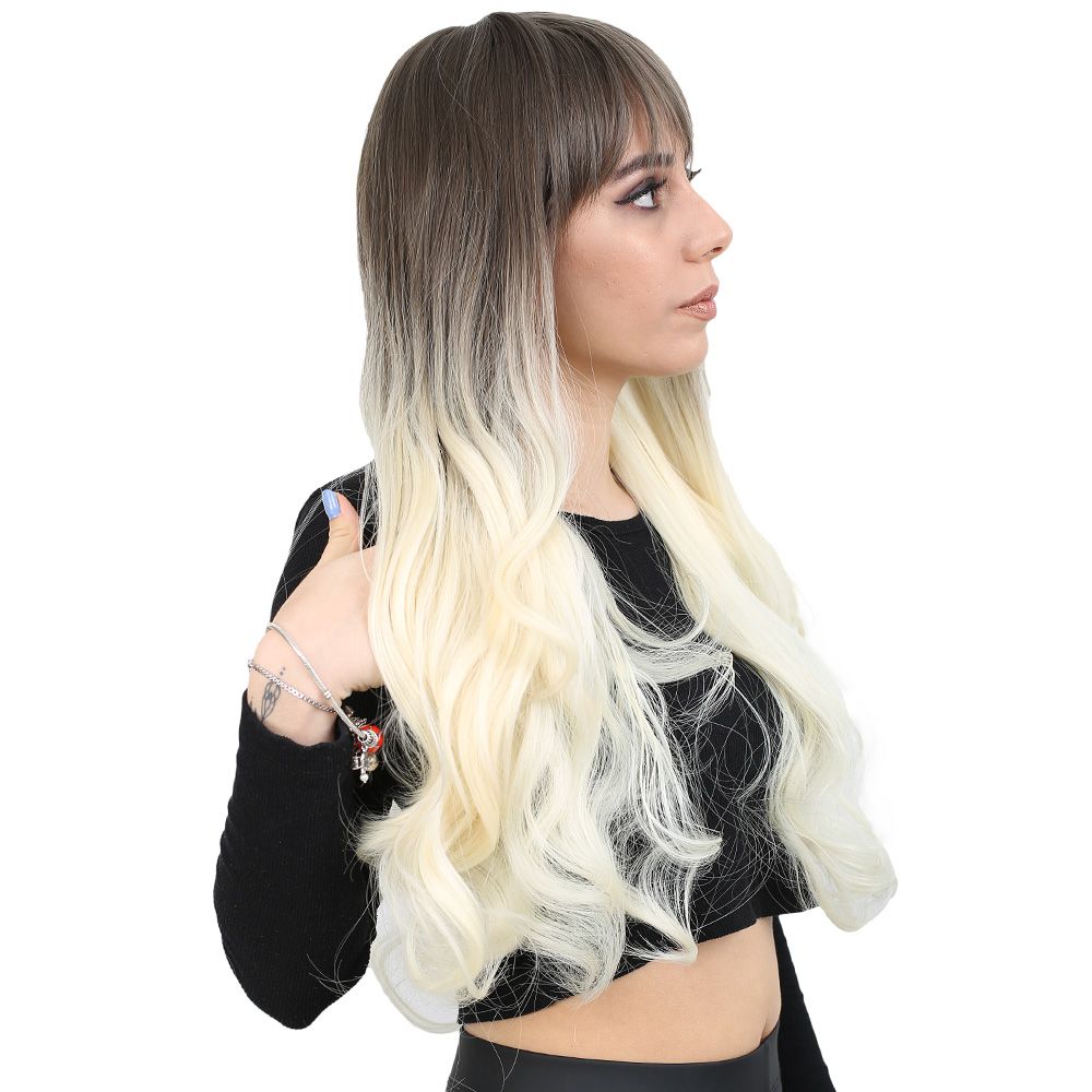 Long Wavy Kanekalon Fiber Synthetic Wig with Custom Bangs / Ashy Light Brown / Platinum Ombré