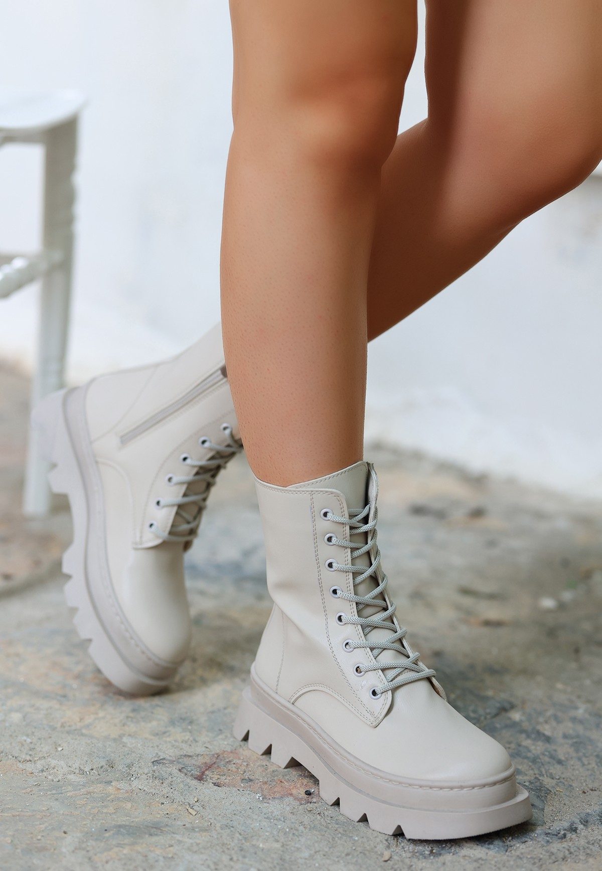 Beige Skin Lace-up Boots