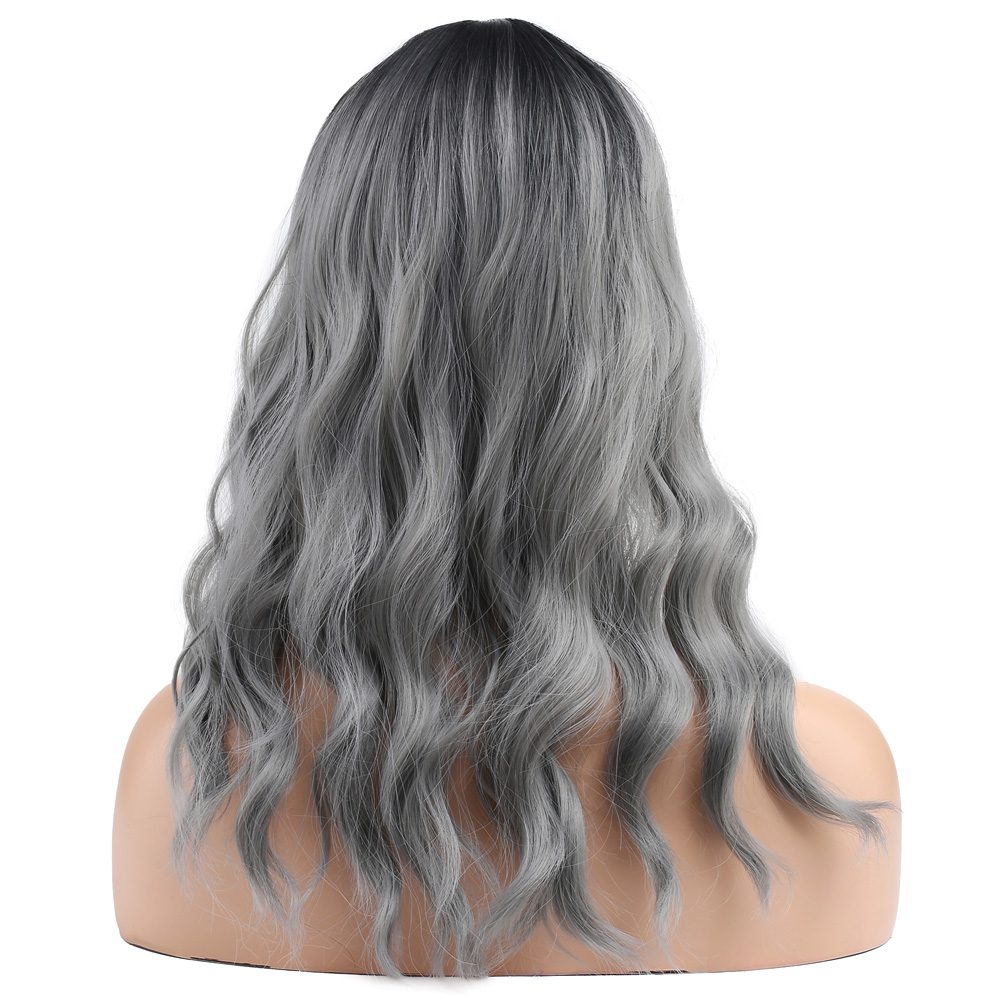 Wavy Short Custom Bangs Kanekalon Fiber Synthetic Wig / Black / Gray Ombré