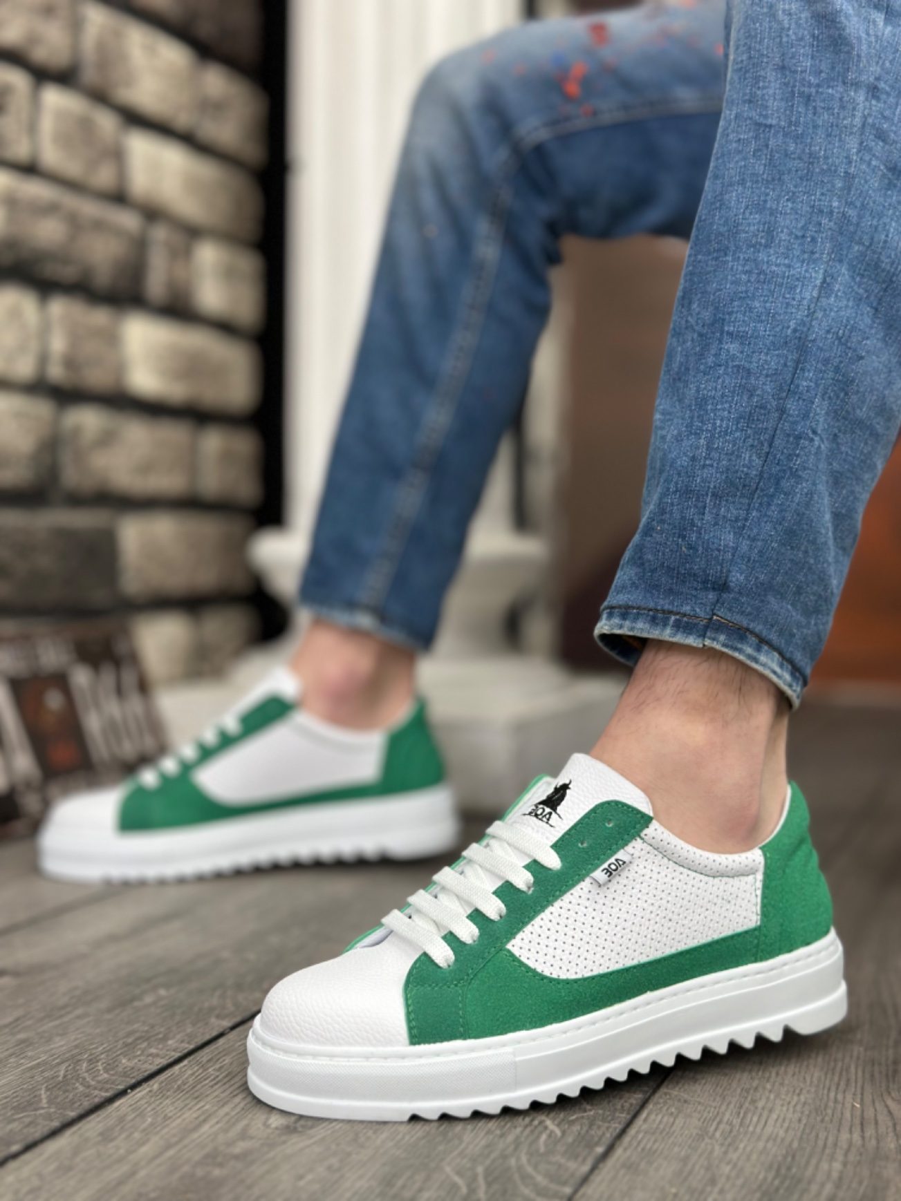 Thick Serrated High Sole White Green Lace-Up Sneakers For Men