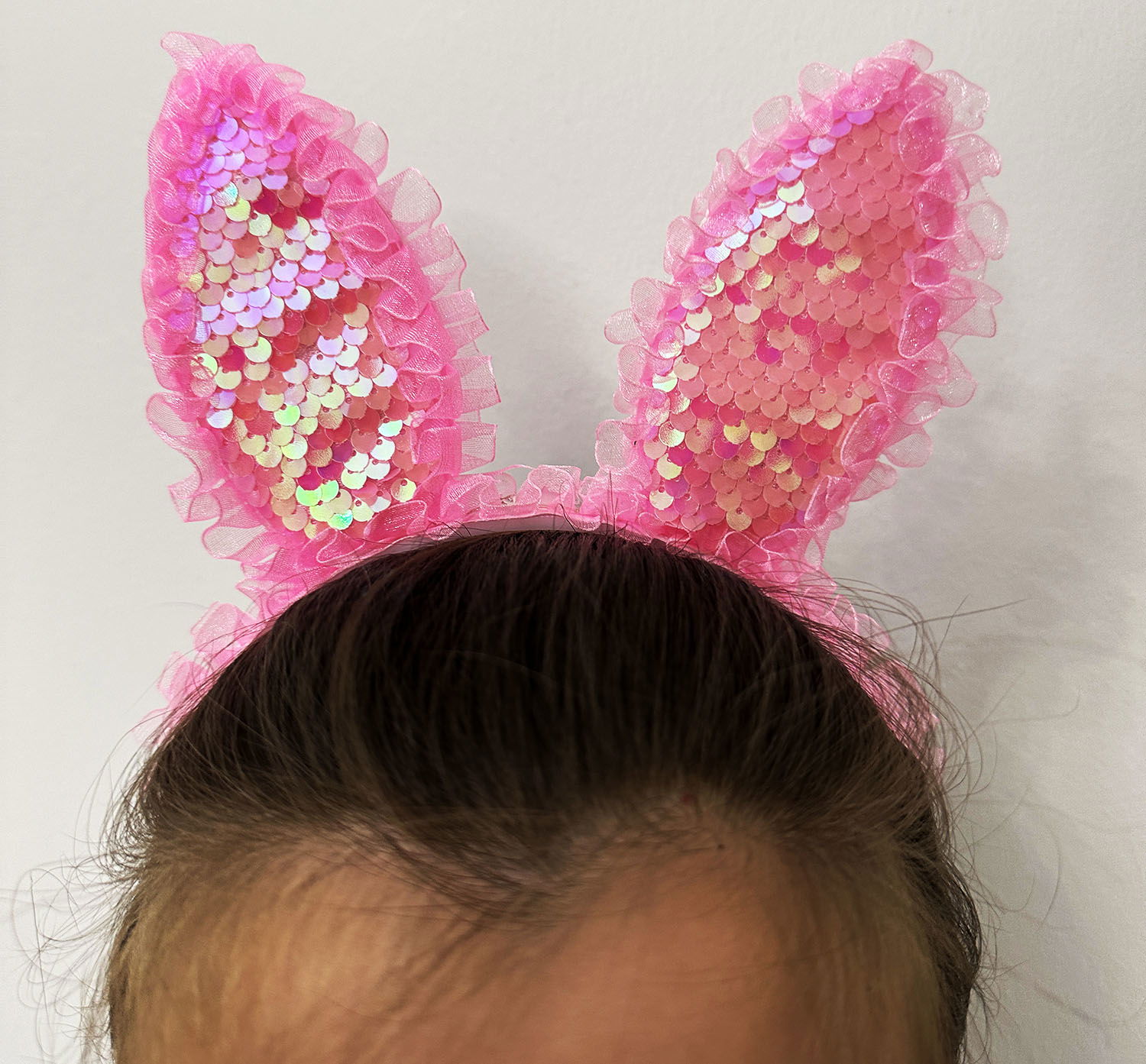 Pink Sequin Sequined Led Lighted Rabbit Ear Crown with Lace Edges 23x19 cm