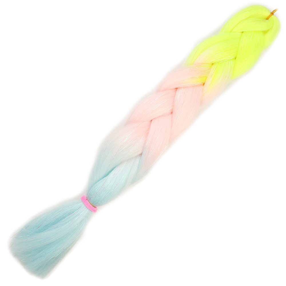 Silvery Neon Yellow / Candy Pink / Water Green Color Transition Braided Hair 100 Gr.