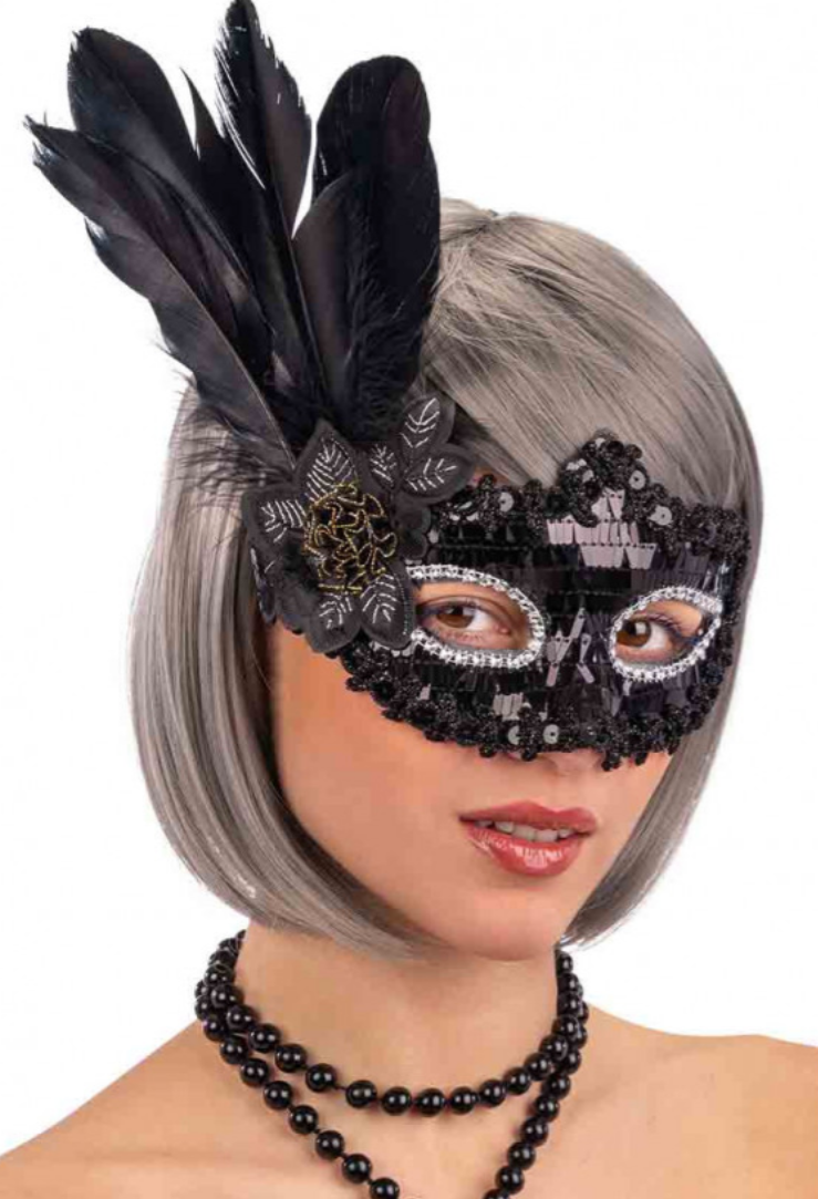 Black Sequin Sequin Black Color Side Feather Party Mask 18x22 cm