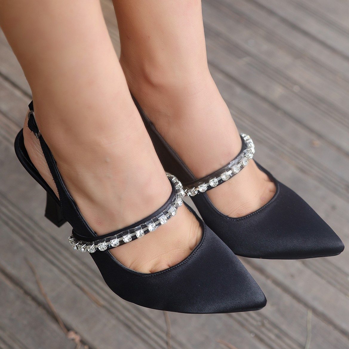 Black Satin Heeled Shoes