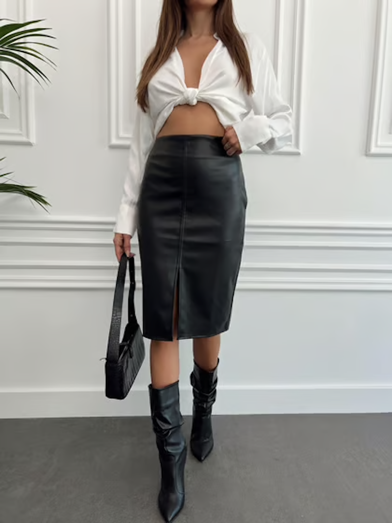 Women's High Waist Front Slit Zippered Leather Skirt - Black