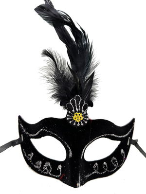 Black Suede Coating Party Prom Mask with Black Color Feathers 20X16 cm