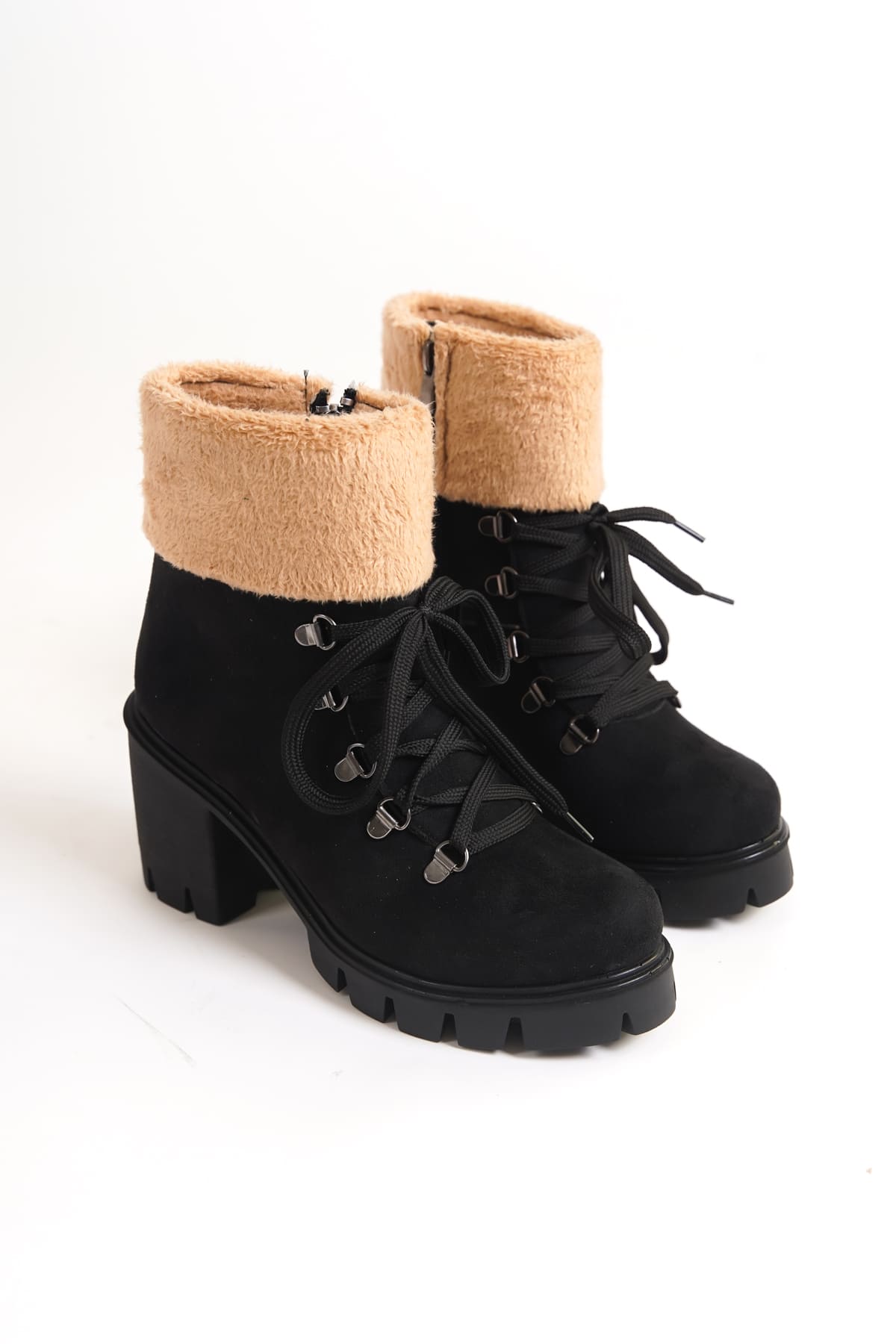 CLZ948 Lace-up Zippered Orthopedic Sole Heeled Sheepskin Detailed Suede Women's Boots ST Black