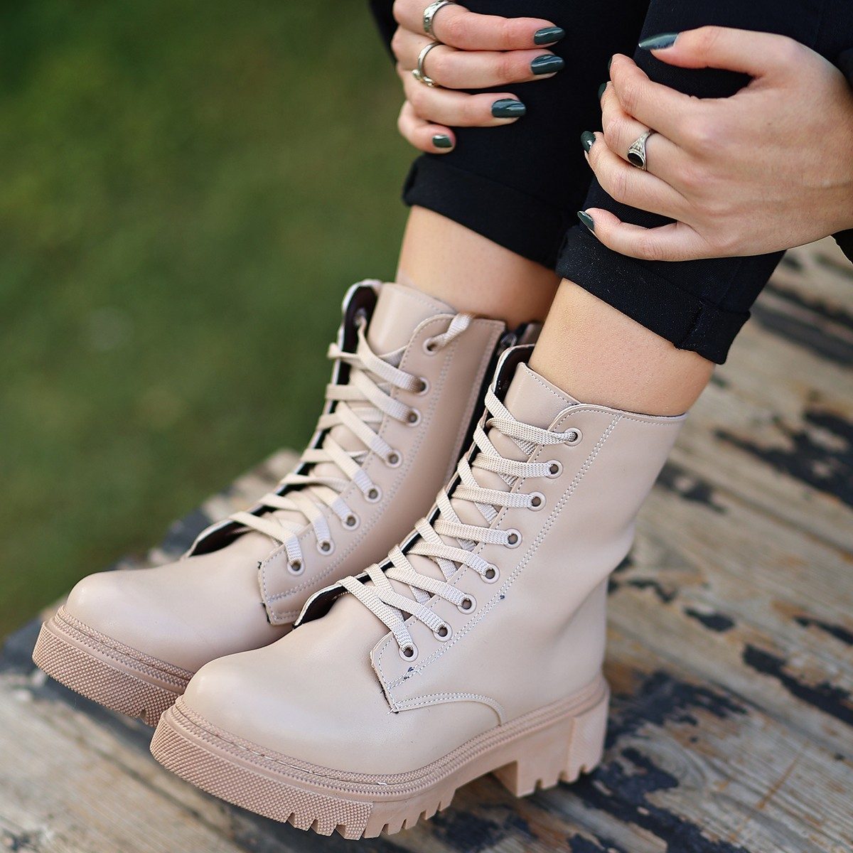 Nude Skin Lace-up Boots