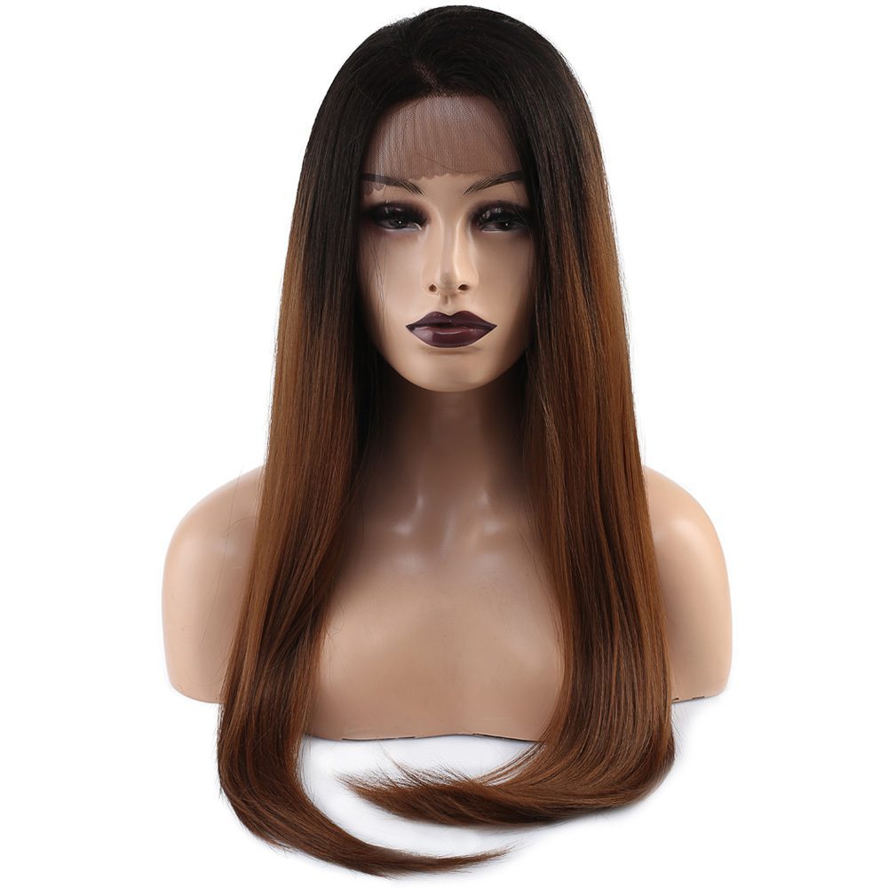 Straight Kanekalon Fiber Synthetic Tulle Wig / Black / Caramel Ombré