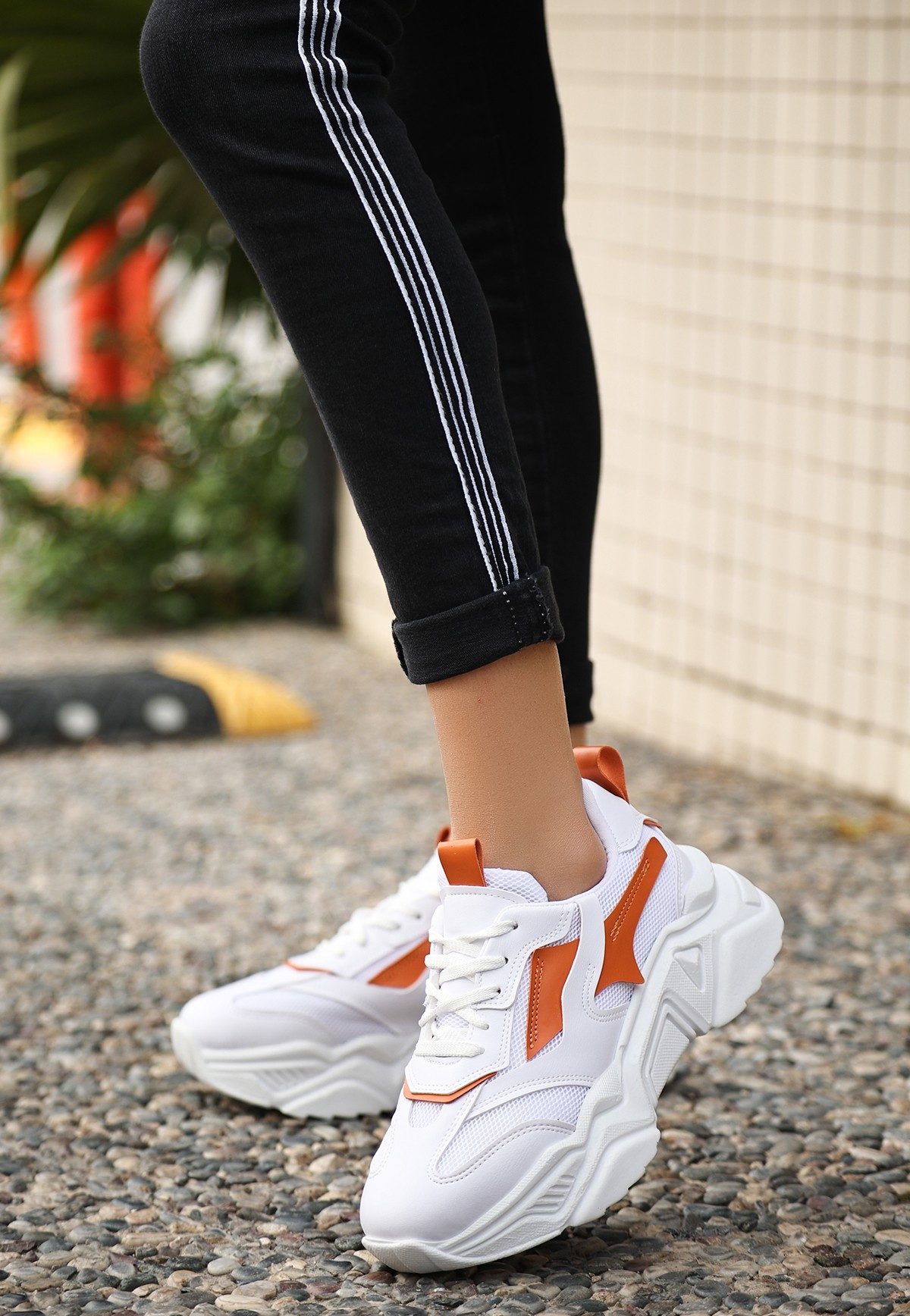 White Skin Orange Lace-Up Sneakers