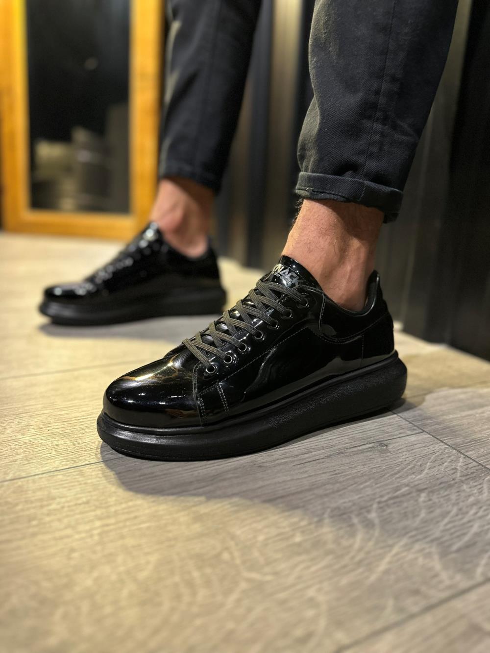 High Sole Casual Shoes Black Patent Leather (Black Sole)