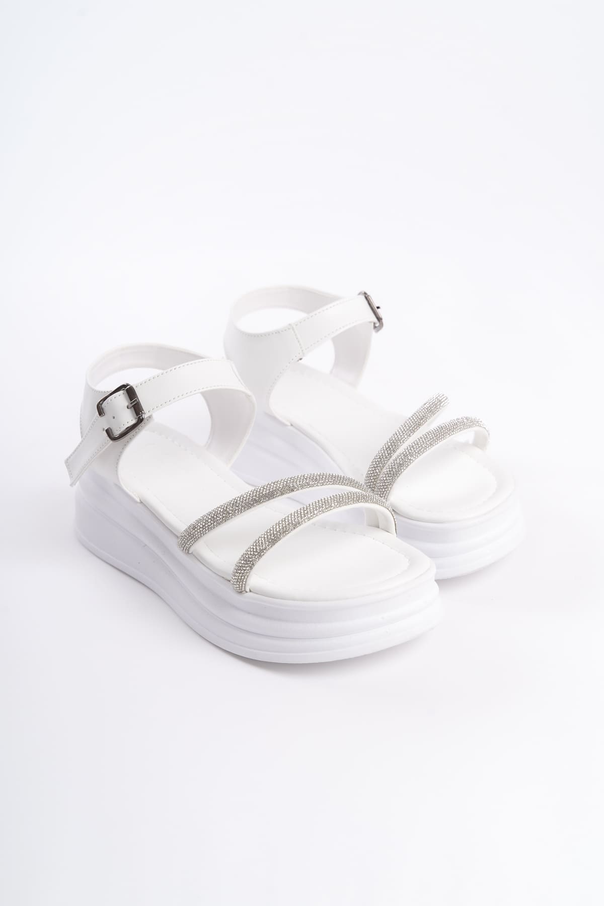 CLZ948 Thick Buckle Stony Stripe Orthopedic Sole Women's Sandals BT White